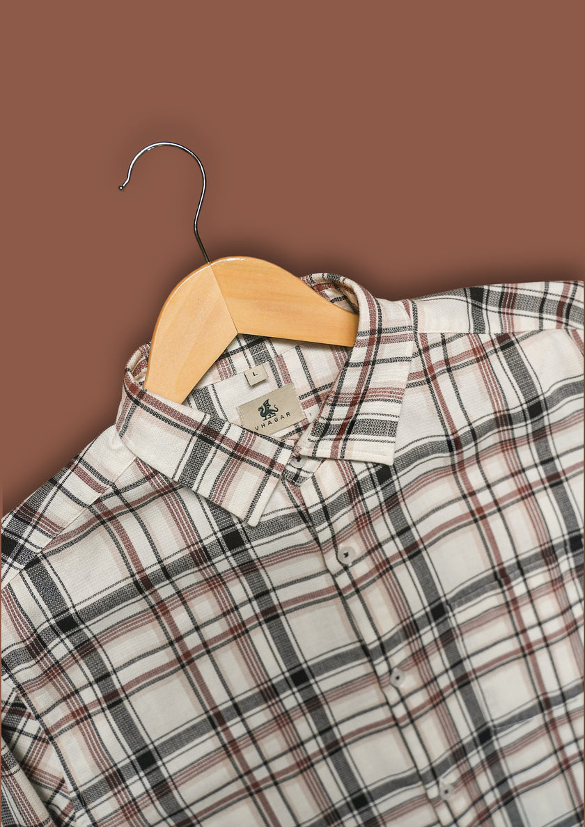 Cream and Brown Check Poly Viscose Stretch Regular Fit Shirt