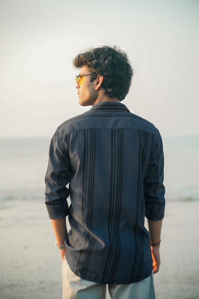 Steel Blue Striped Poly Viscose Blend Regular Collar Shirt