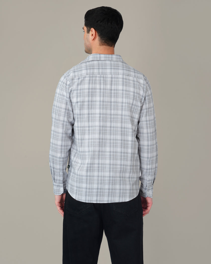 Light Blue Checked 100% Cotton Slub Button-Down Shirt