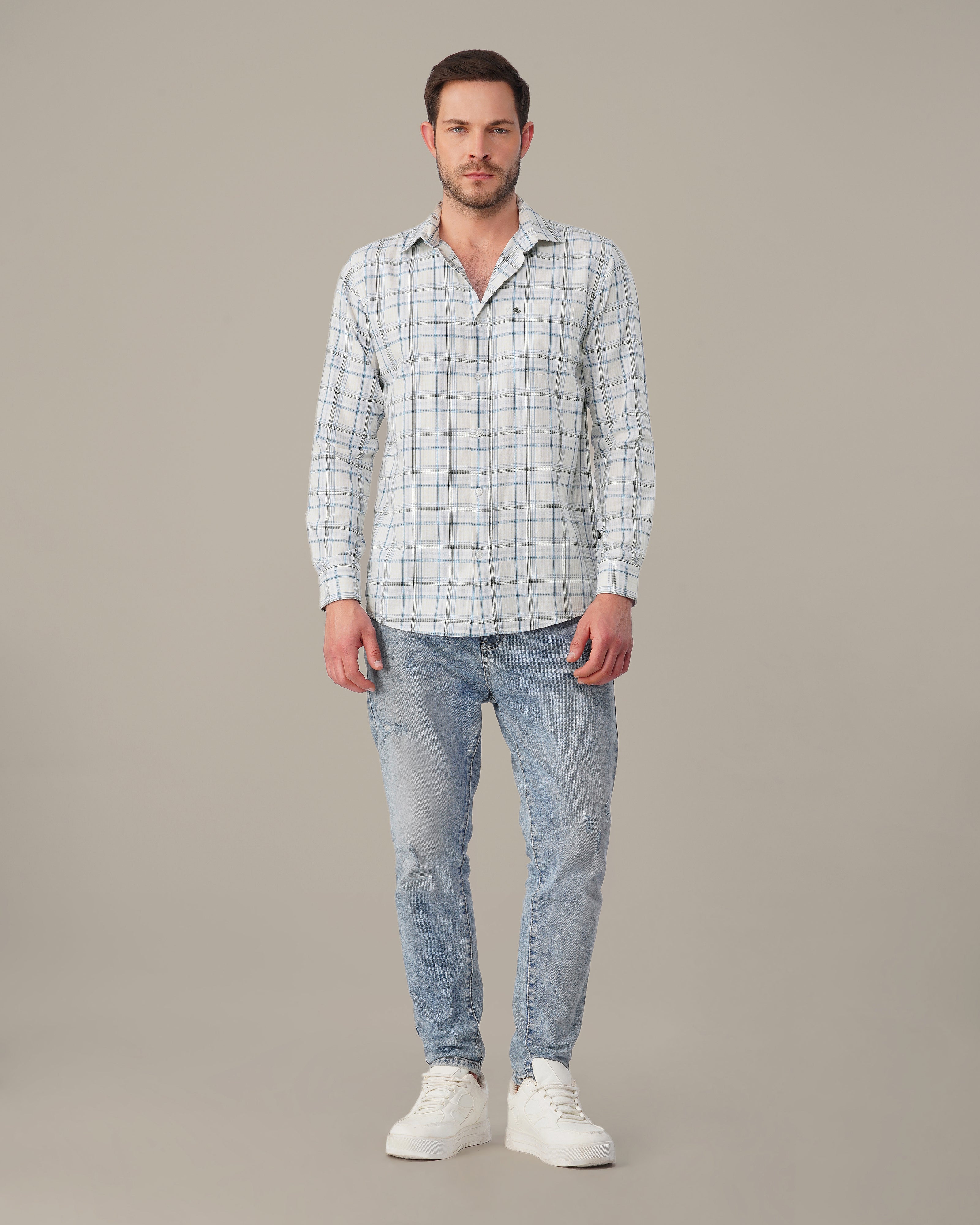 White and Light Blue Plaid 100% Cotton Slub Shirt