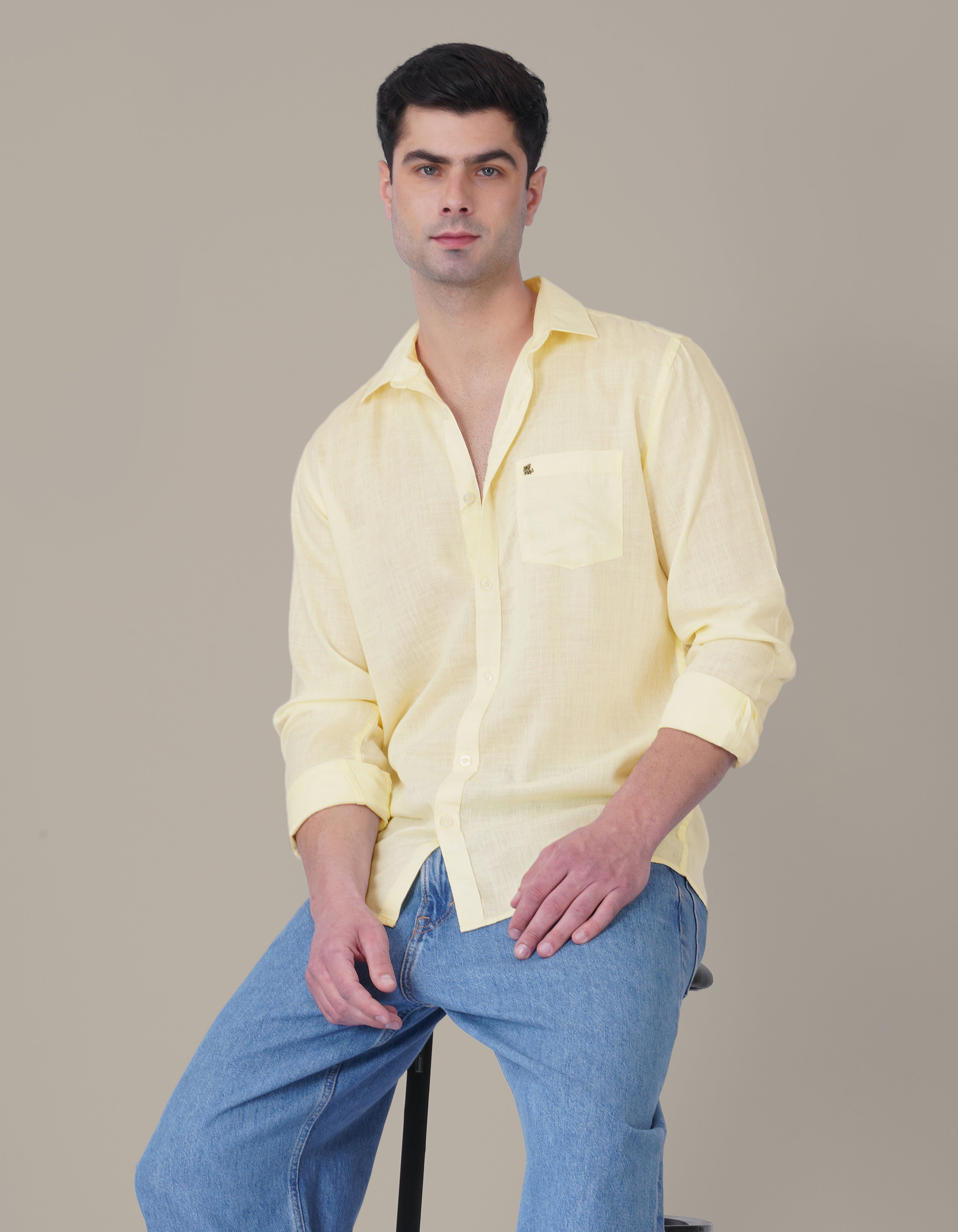 Pale Yellow Solid Woven Linen-Cotton Blend Button-Up Shirt