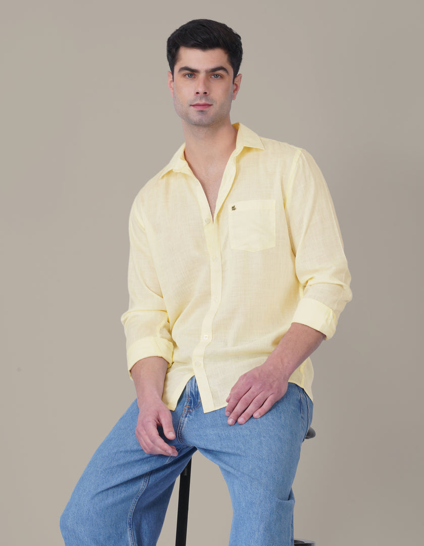 Pale Yellow Solid Woven Linen-Cotton Blend Button-Up Shirt