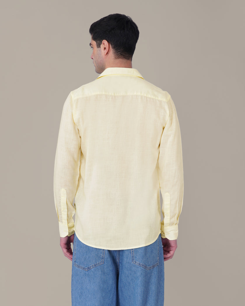 Pale Yellow Solid Woven Linen-Cotton Blend Button-Up Shirt