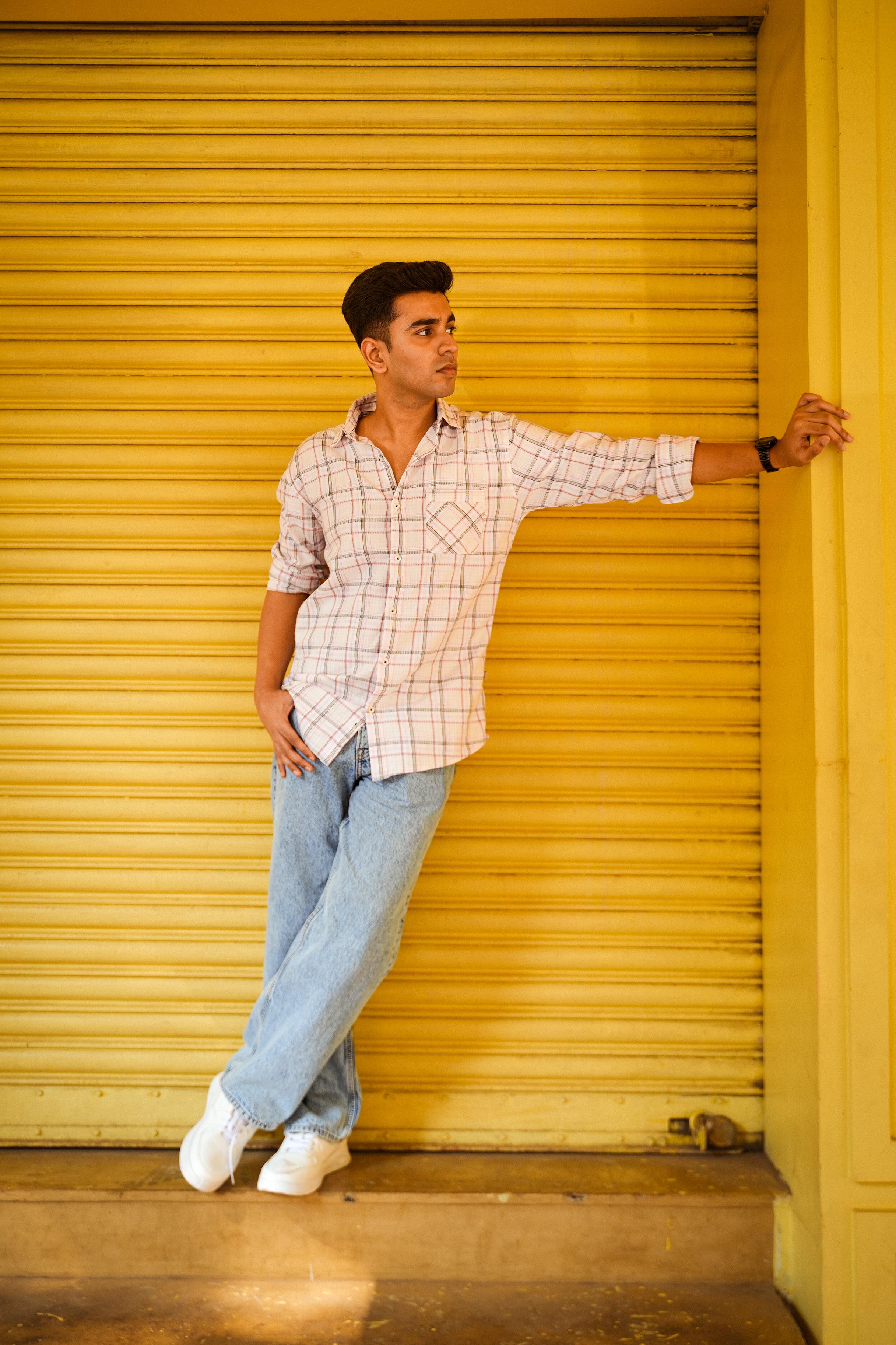 White and Pink Check Cotton Slub Regular Fit Shirt