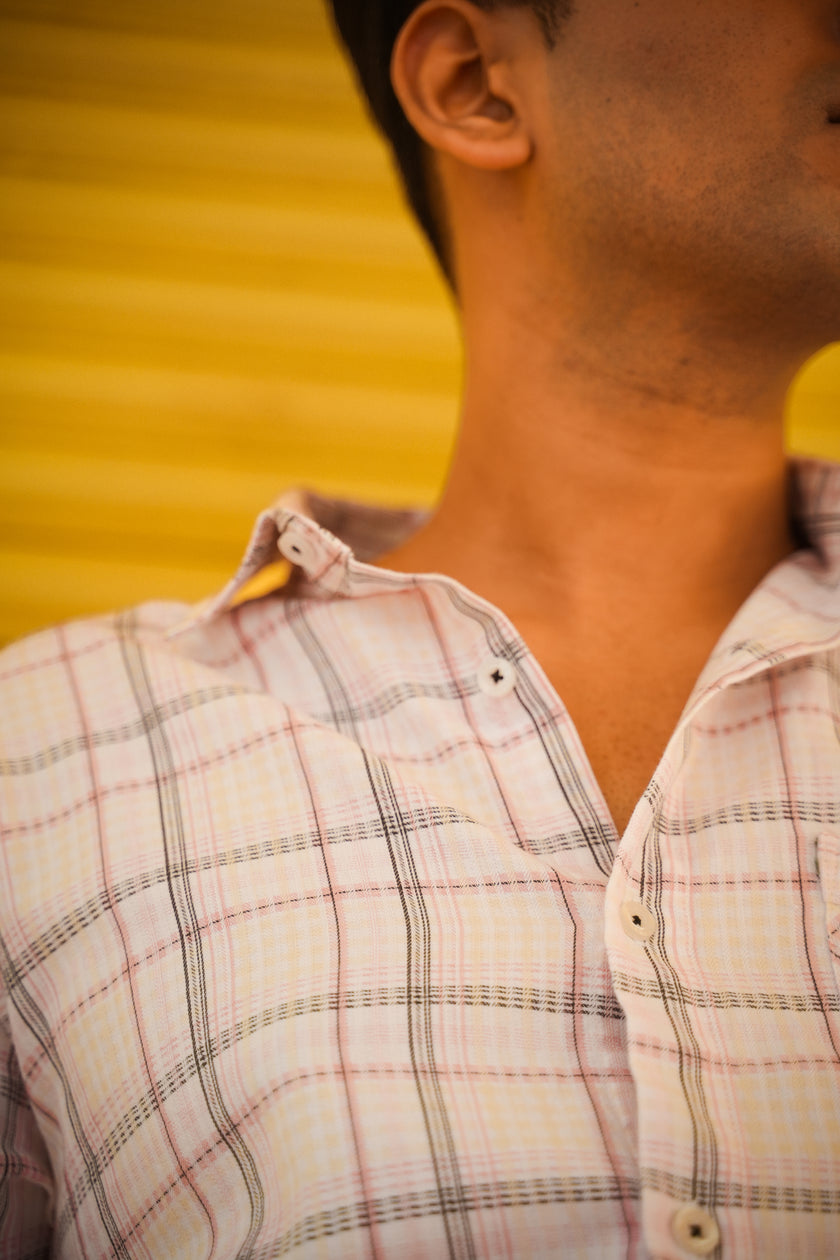 White and Pink Check Cotton Slub Regular Fit Shirt