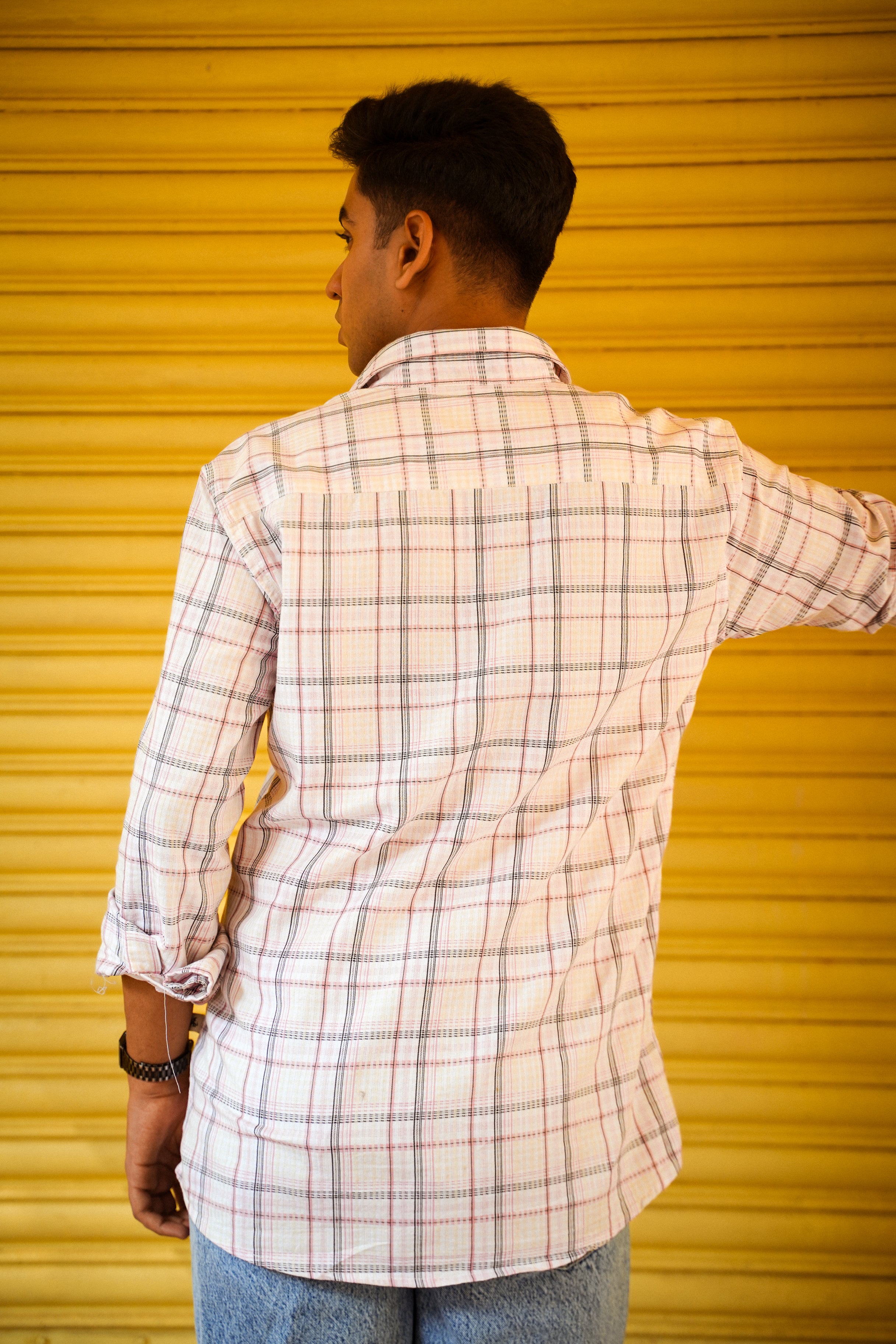 White and Pink Check Cotton Slub Regular Fit Shirt
