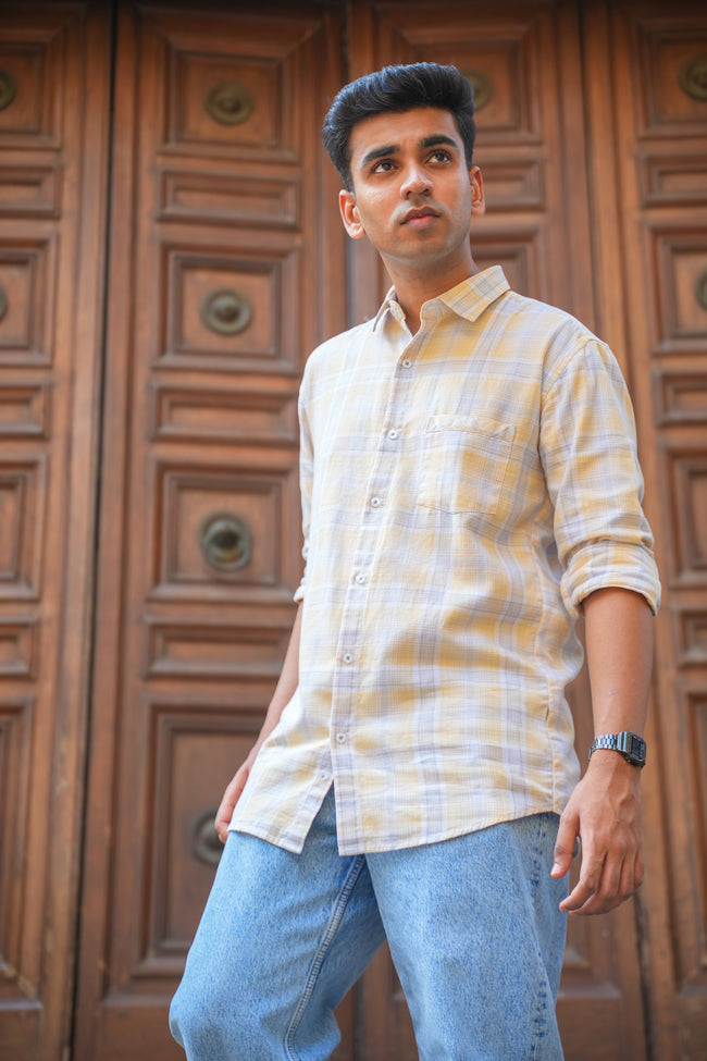 Soft Yellow Plaid Cotton Regular Fit Shirt