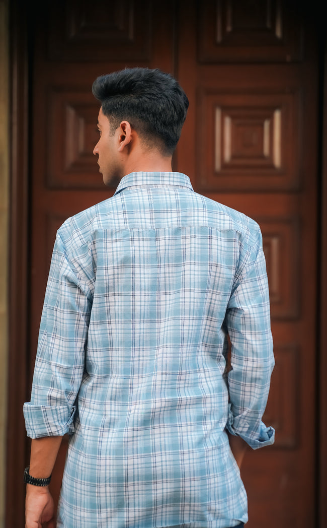 Light Blue Plaid Cotton Slub Regular Fit Shirt
