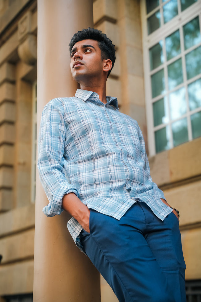 Light Blue Plaid Cotton Slub Regular Fit Shirt
