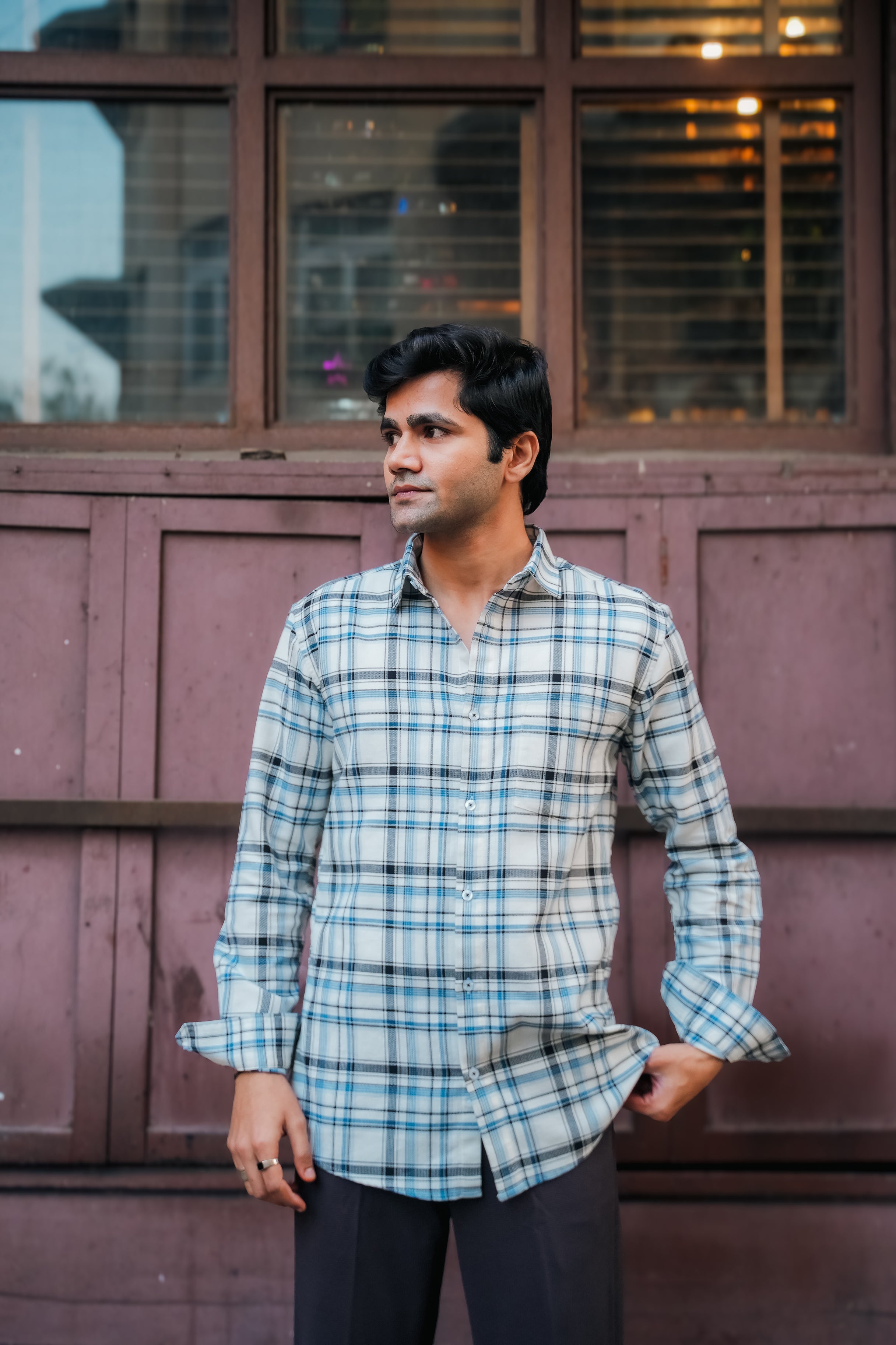 White and Blue Plaid Poly Viscose Stretch Blend Classic Fit Shirt