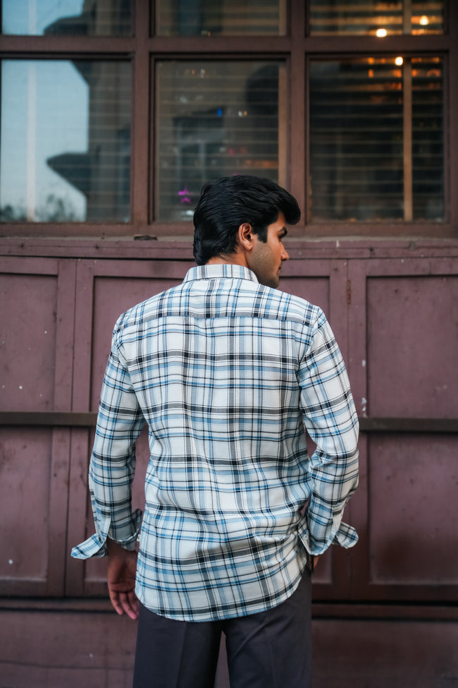 White and Blue Plaid Poly Viscose Stretch Blend Classic Fit Shirt