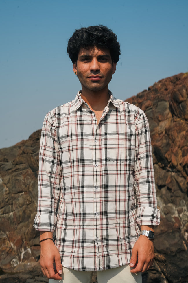 Cream and Brown Check Poly Viscose Stretch Regular Fit Shirt