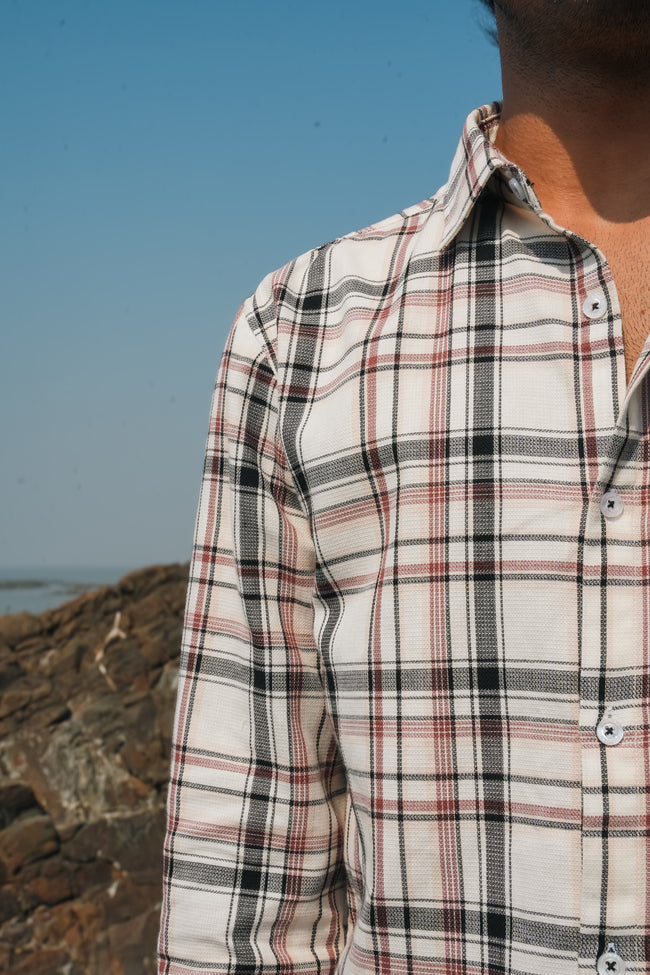 Cream and Brown Check Poly Viscose Stretch Regular Fit Shirt