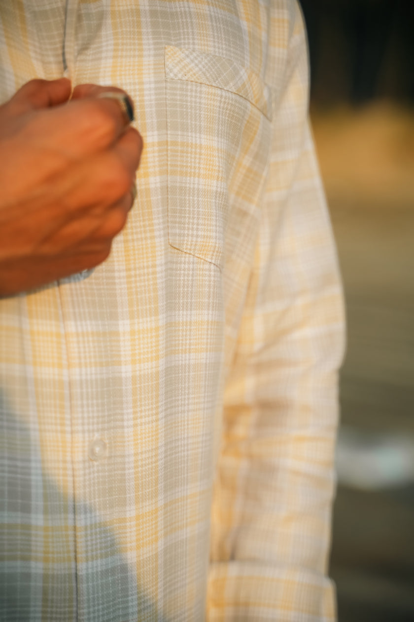 Grey and Yellow Plaid Cotton Regular Fit Shirt