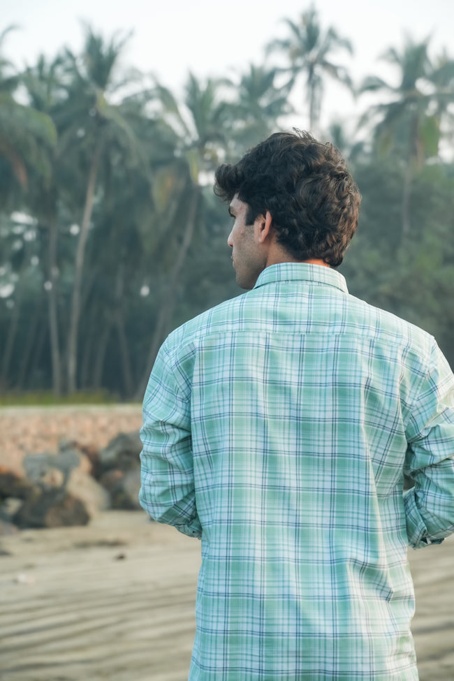 Mint Green Plaid Cotton Slub Classic Fit Shirt