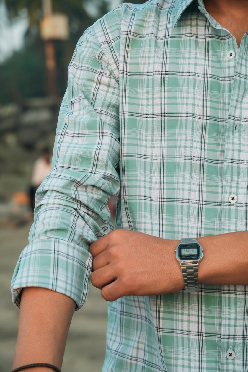 Mint Green Plaid Cotton Slub Classic Fit Shirt