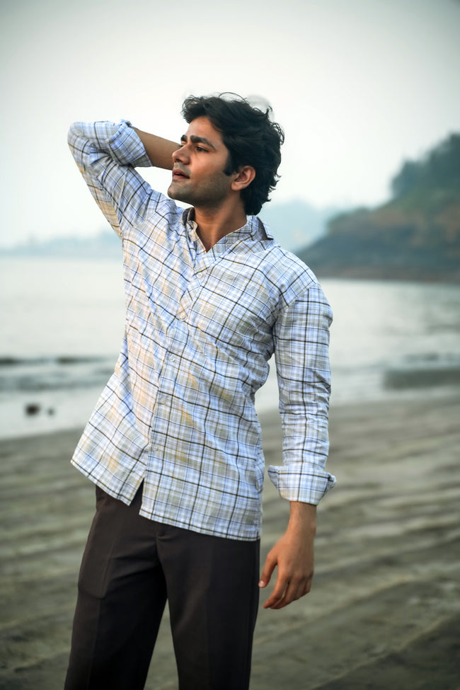 Yellow Blue Checkered Linen Cotton Blend Classic Collar Shirt