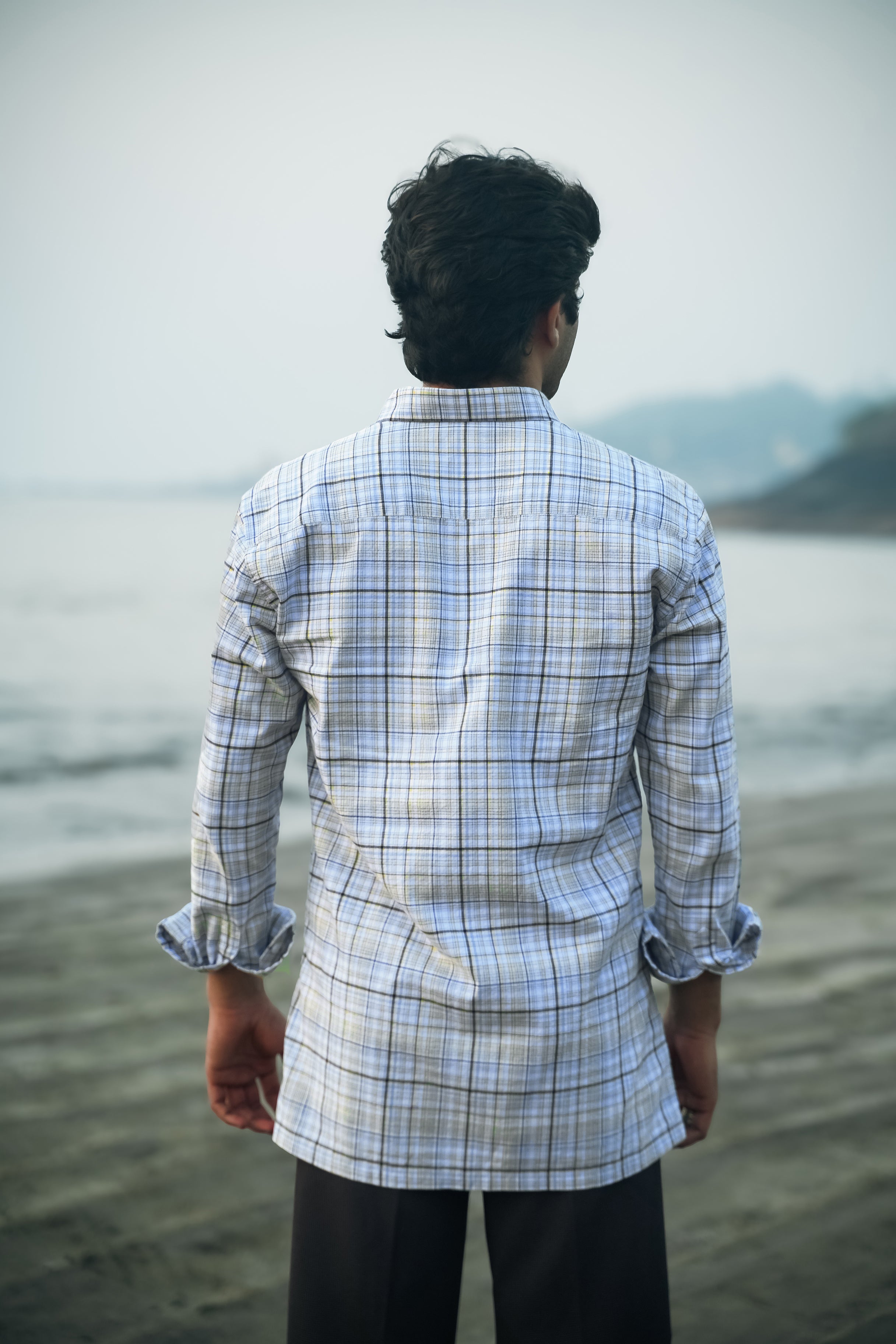 Yellow Blue Checkered Linen Cotton Blend Classic Collar Shirt
