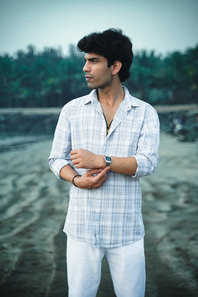 Gray Plaid Cotton Slub Regular Fit Shirt