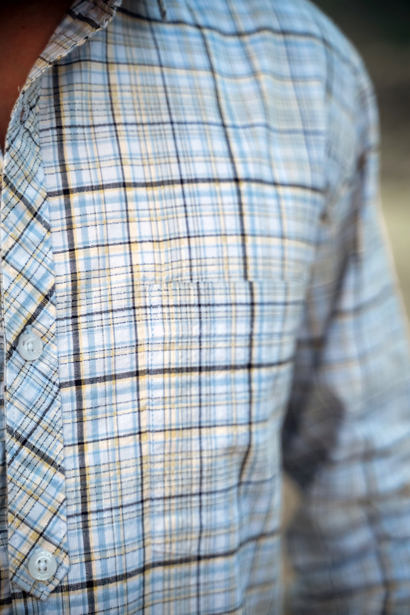 Yellow Blue Checkered Linen Cotton Blend Classic Collar Shirt