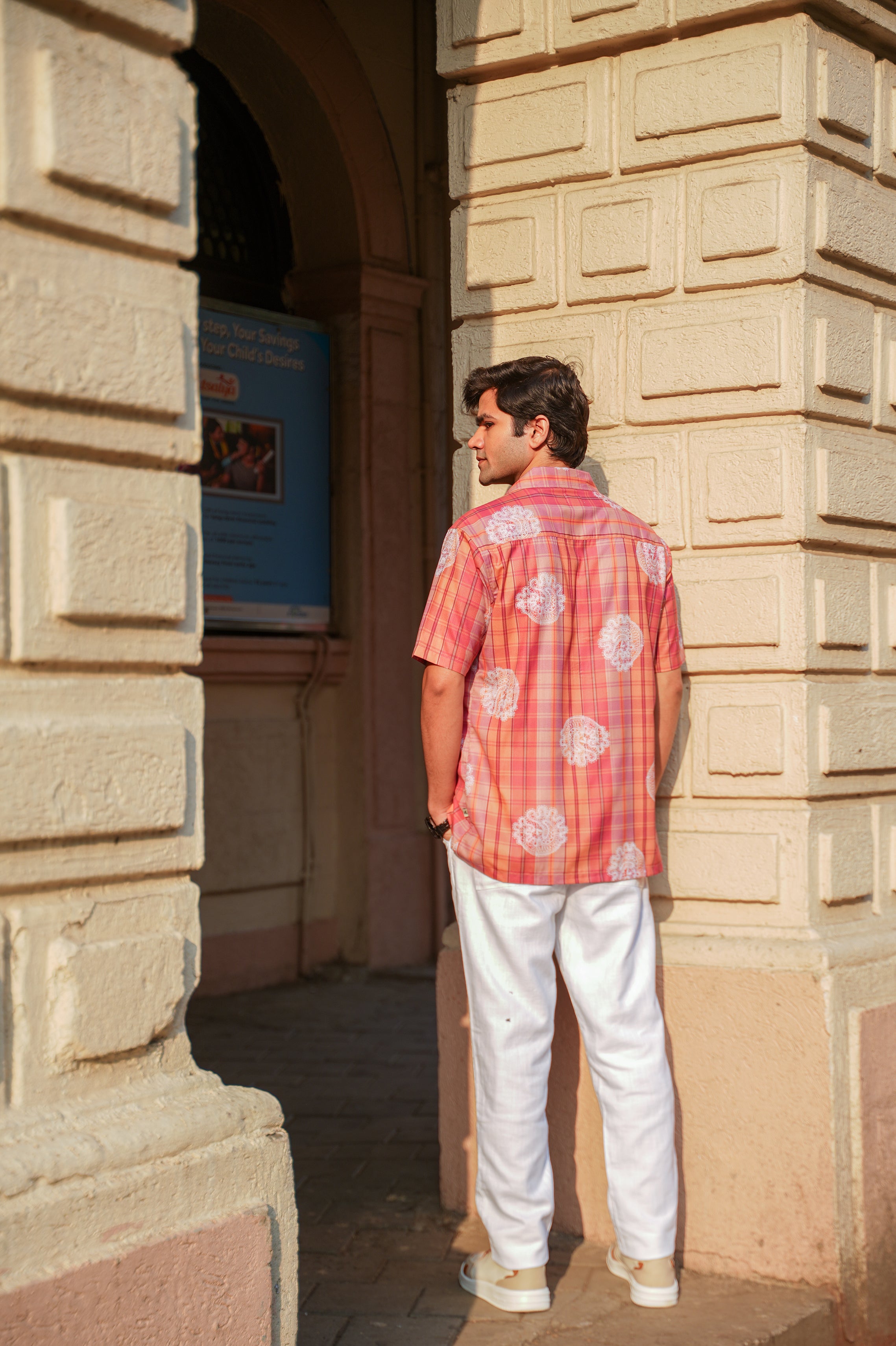 Orange Pink Plaid Polyester Regular Fit Shirt