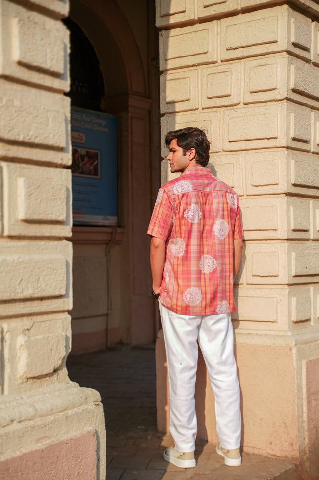 Orange Pink Plaid Polyester Regular Fit Shirt