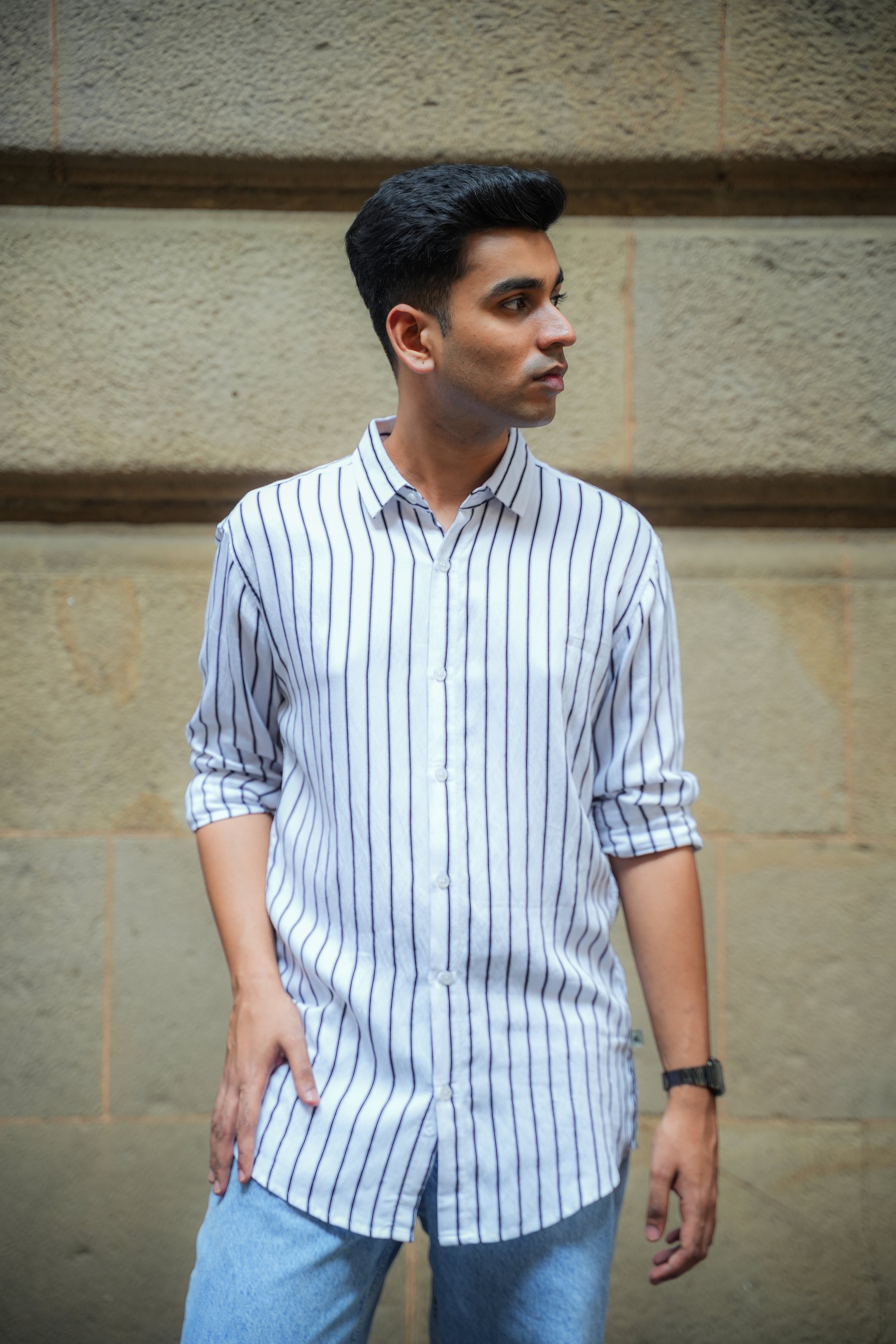 White and Black Vertical Stripe Poly Viscose Blend Regular Fit Shirt