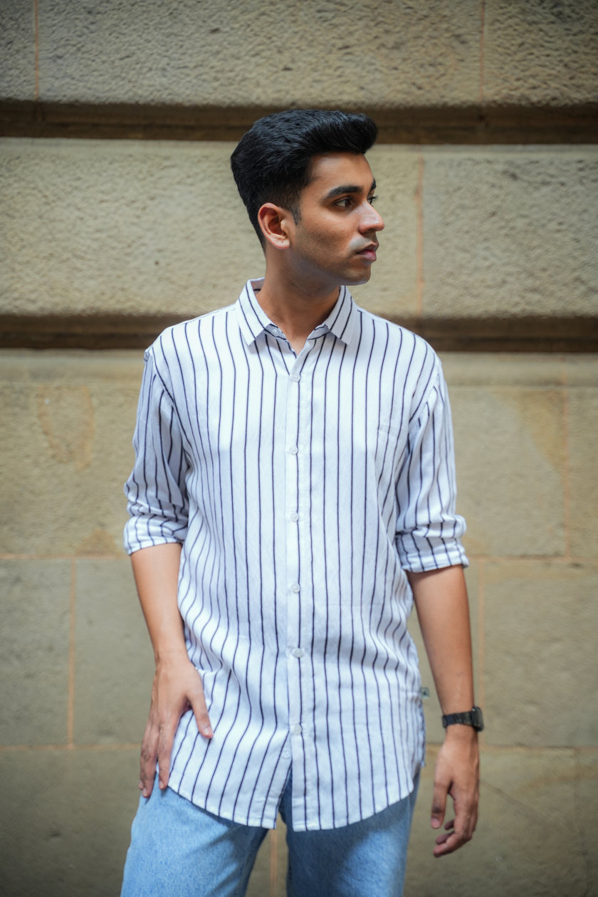 White and Black Vertical Stripe Poly Viscose Blend Regular Fit Shirt