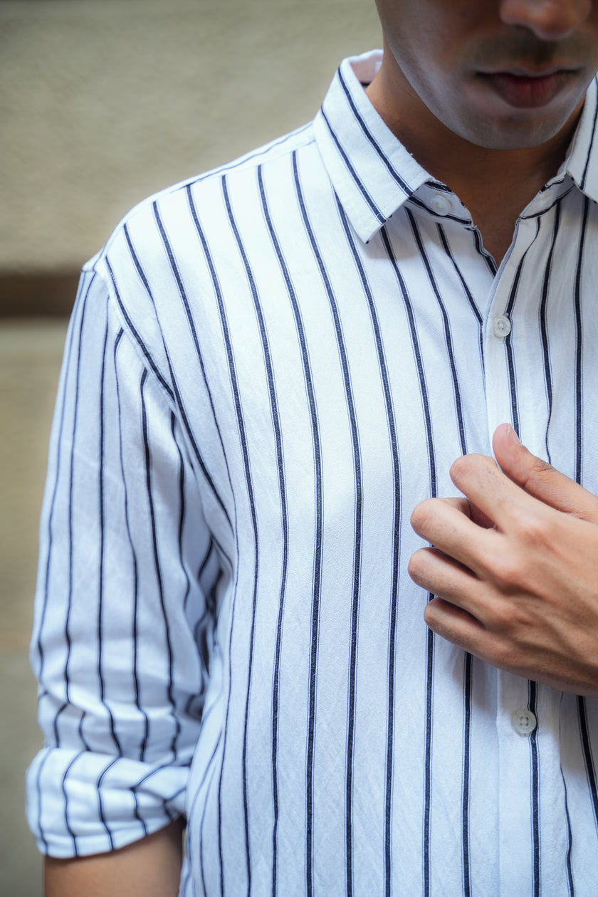 White and Black Vertical Stripe Poly Viscose Blend Regular Fit Shirt