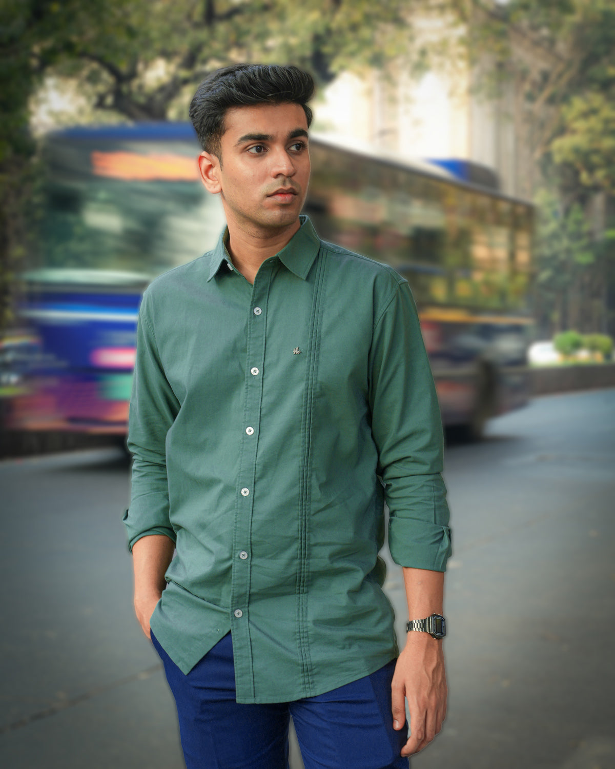 Forest Green Solid Polyester Blend Regular Fit Shirt
