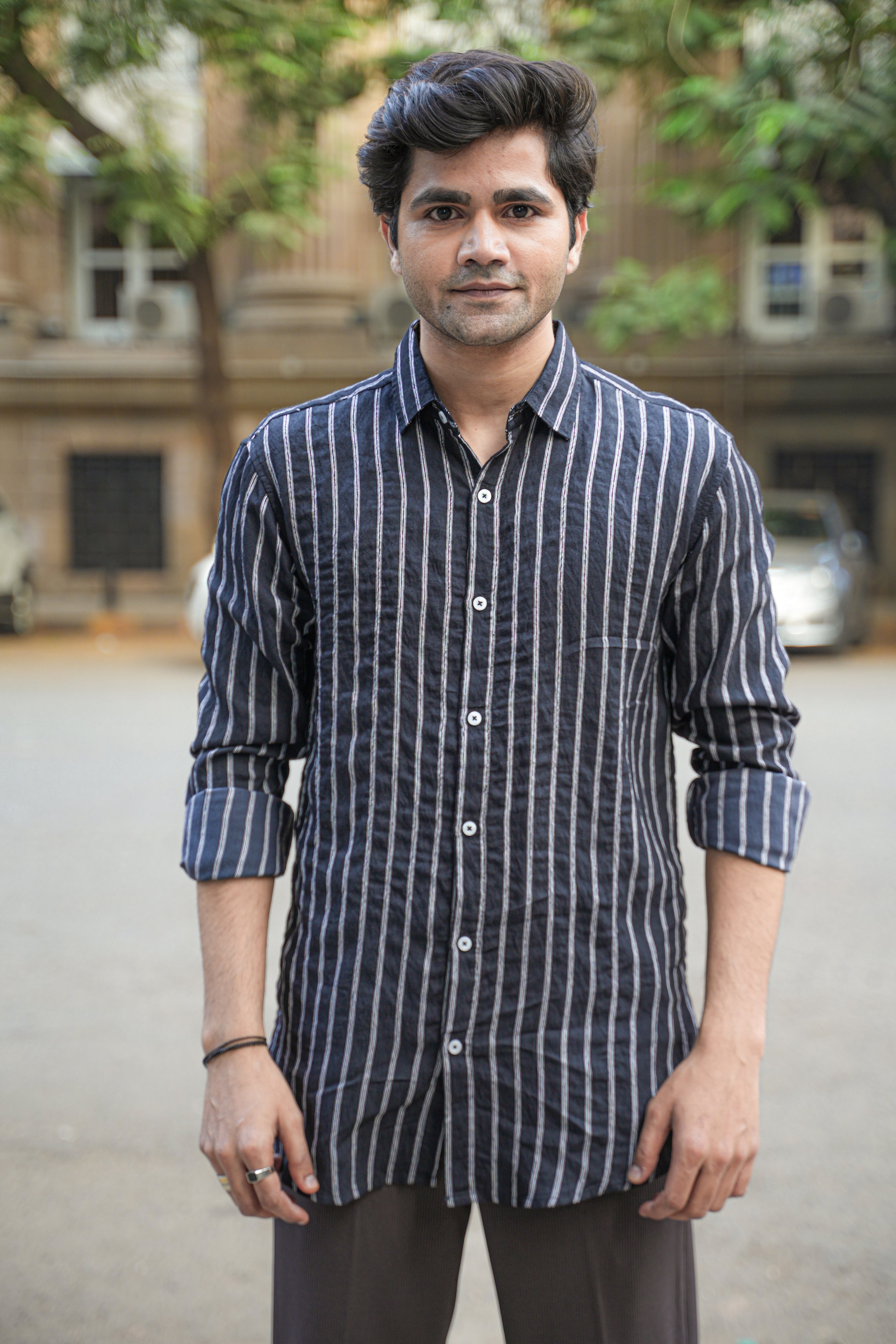 Navy Striped Poly Viscose Blend Regular Fit Shirt