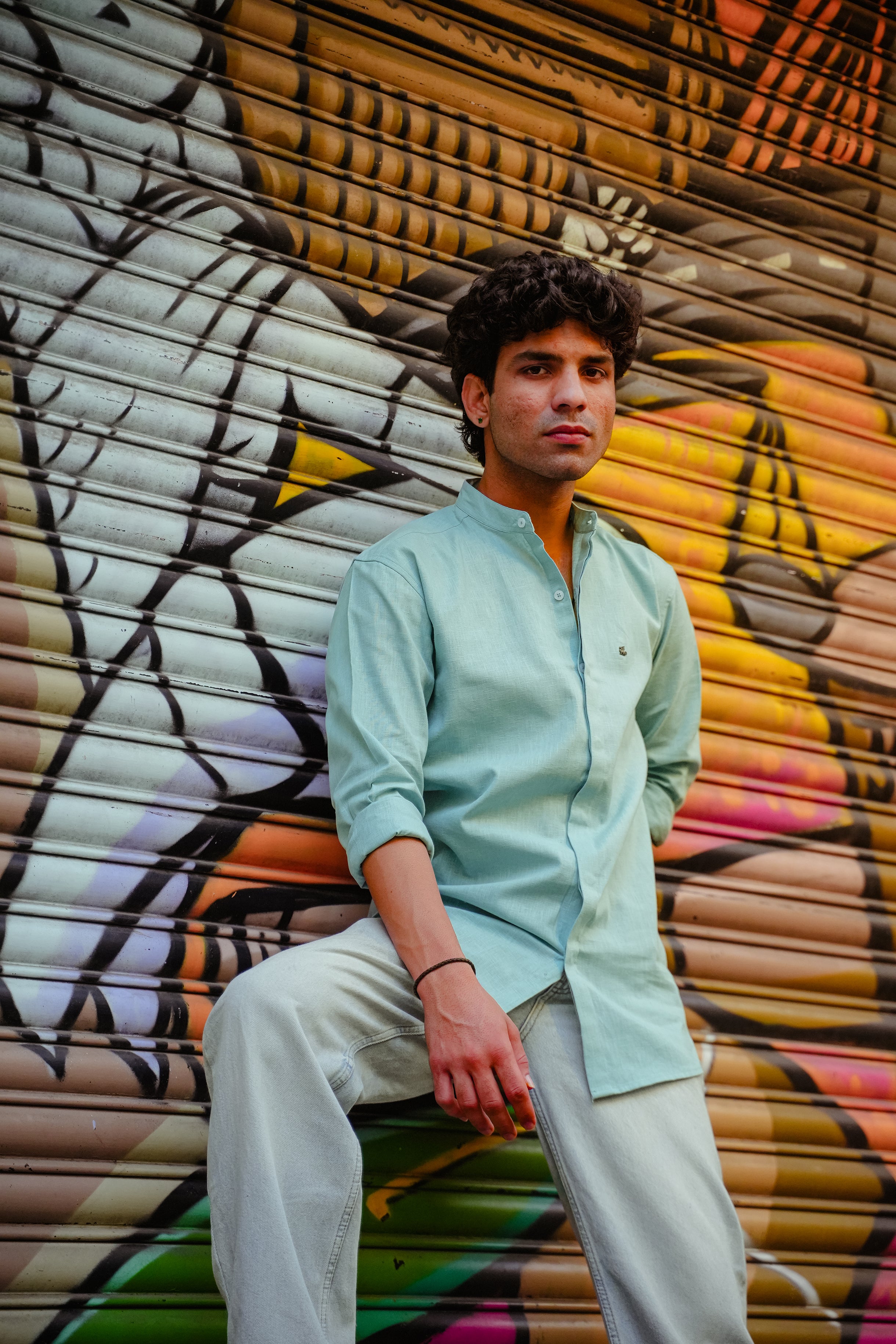 Aqua Blue Solid Linen Blend Mandarin Collar Shirt