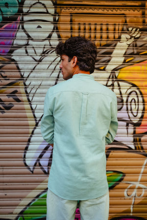 Aqua Blue Solid Linen Blend Mandarin Collar Shirt