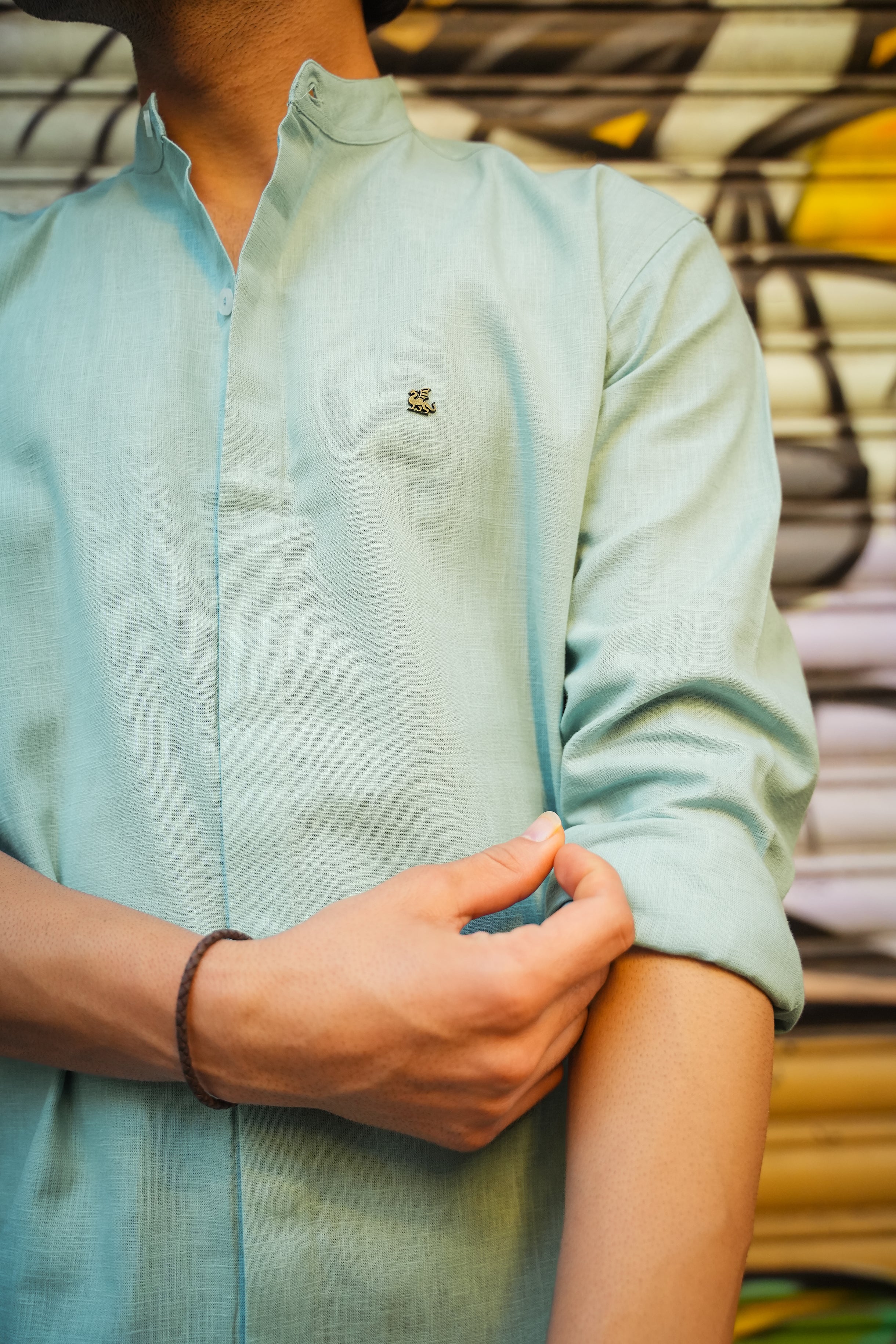 Aqua Blue Solid Linen Blend Mandarin Collar Shirt