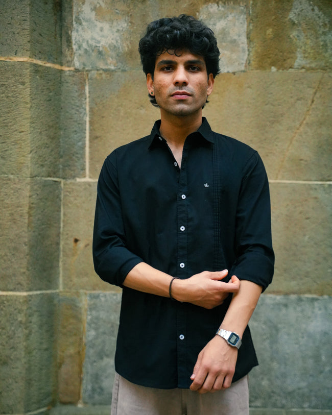 Black Solid Polyester-Lycra Blend Classic Fit Shirt