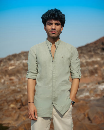 Mint Green Solid Linen Blend Mandarin Collar Shirt