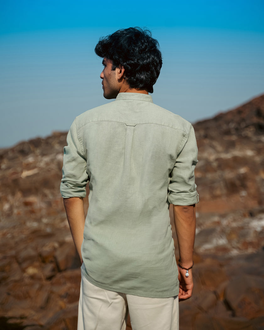 Mint Green Solid Linen Blend Mandarin Collar Shirt
