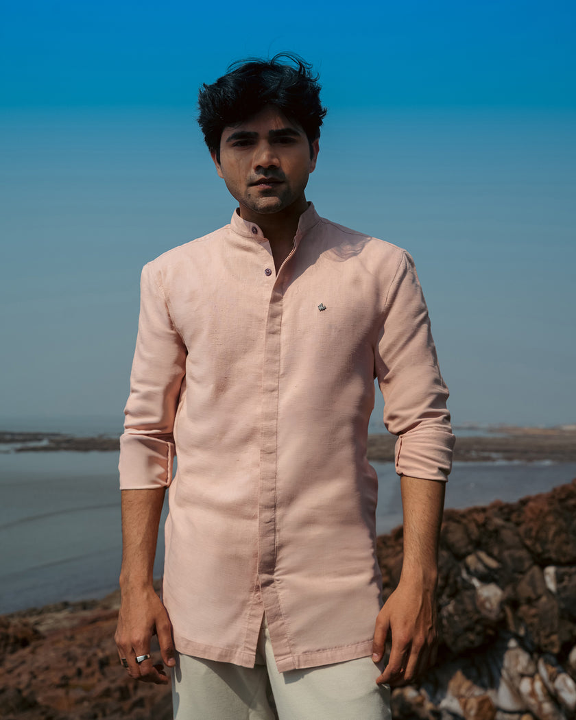 Pale Pink Solid Linen Blend Mandarin Collar Shirt