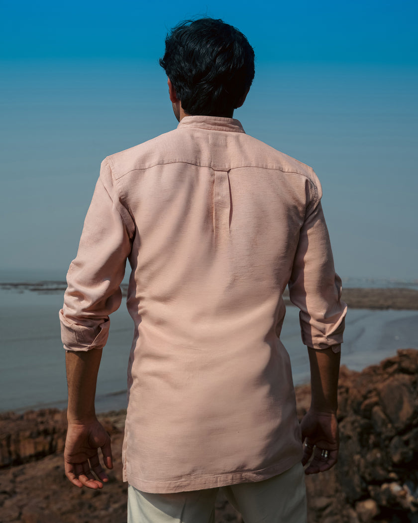 Pale Pink Solid Linen Blend Mandarin Collar Shirt