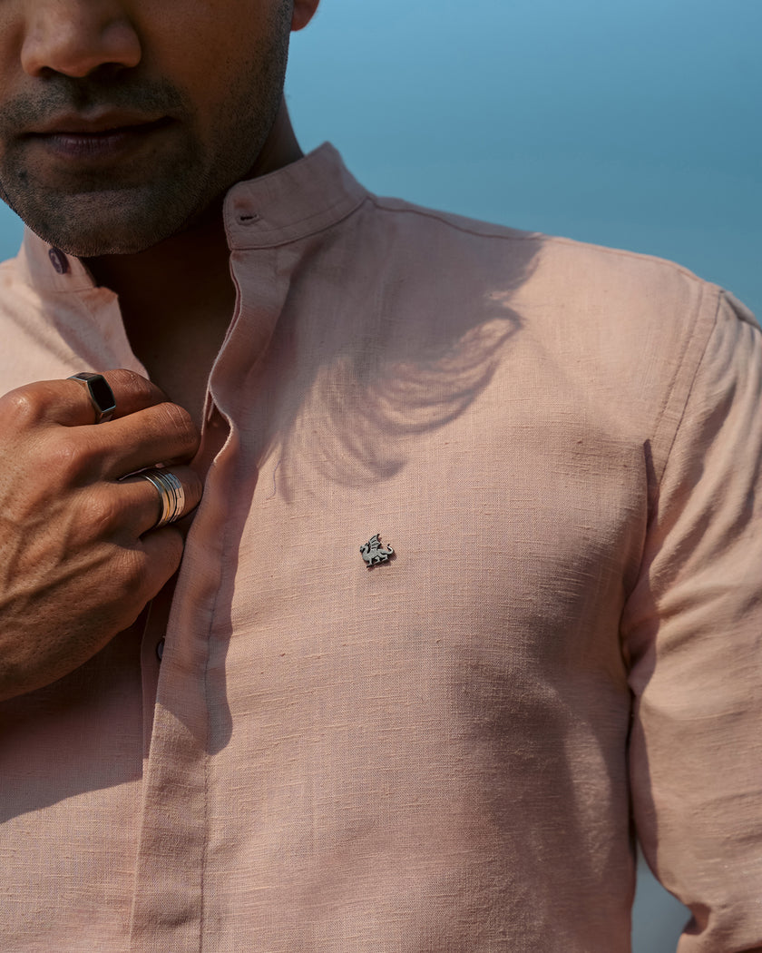 Pale Pink Solid Linen Blend Mandarin Collar Shirt