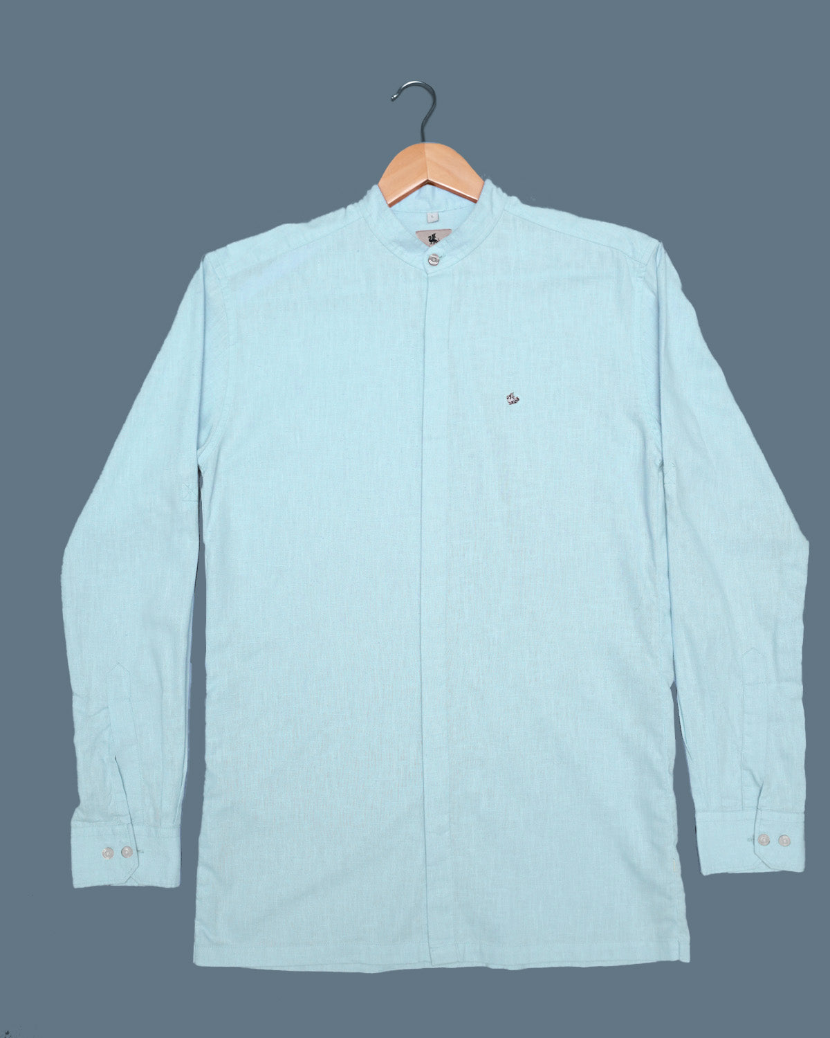 Light Blue Solid Linen Blend Mandarin Collar Shirt