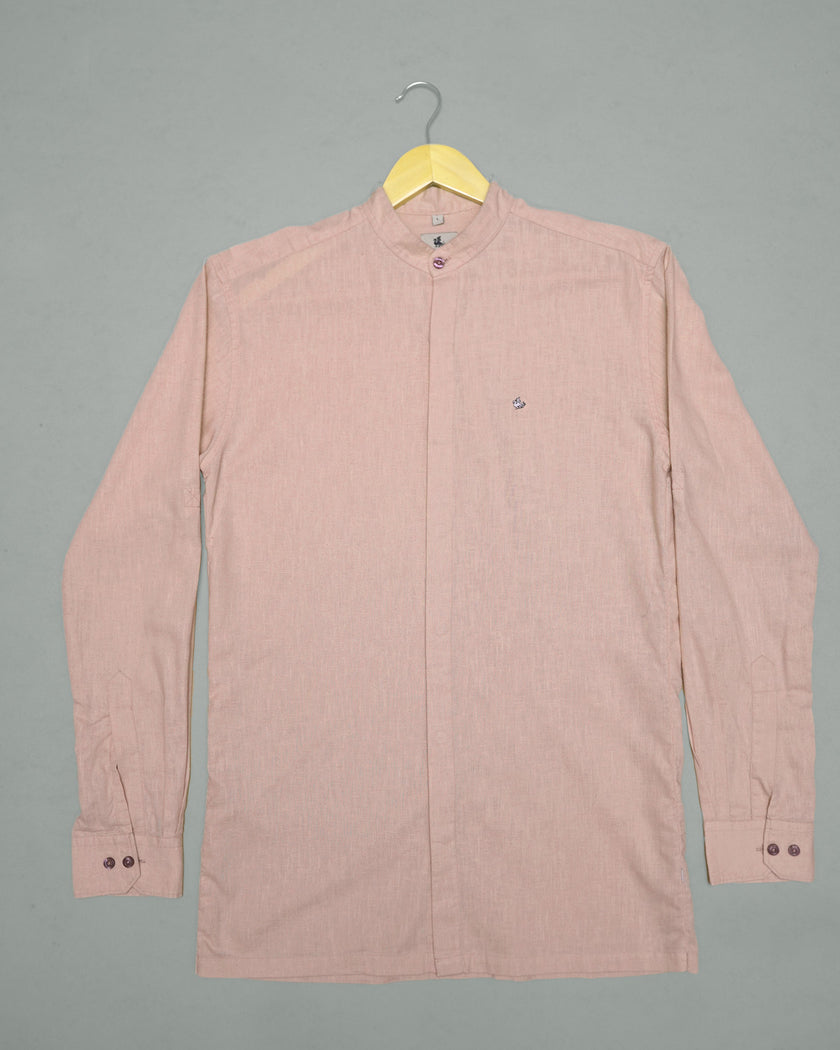 Pale Pink Solid Linen Blend Mandarin Collar Shirt