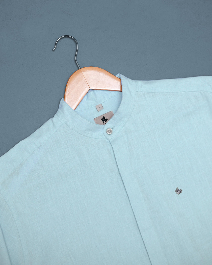 Light Blue Solid Linen Blend Mandarin Collar Shirt