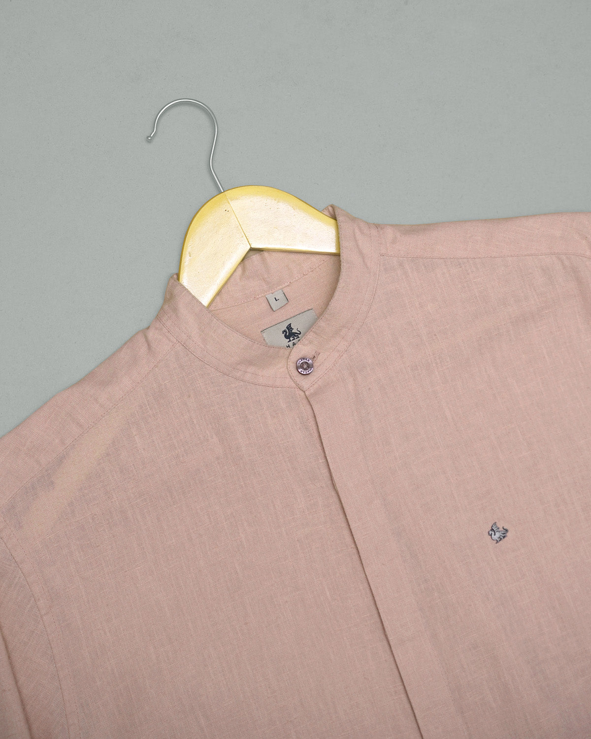 Pale Pink Solid Linen Blend Mandarin Collar Shirt