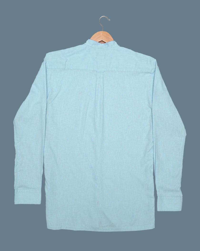 Light Blue Solid Linen Blend Mandarin Collar Shirt