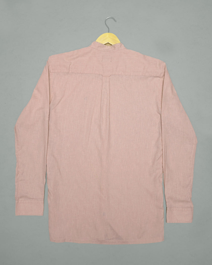 Pale Pink Solid Linen Blend Mandarin Collar Shirt