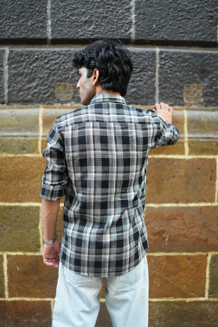 Black and White Plaid Cotton Regular Fit Shirt