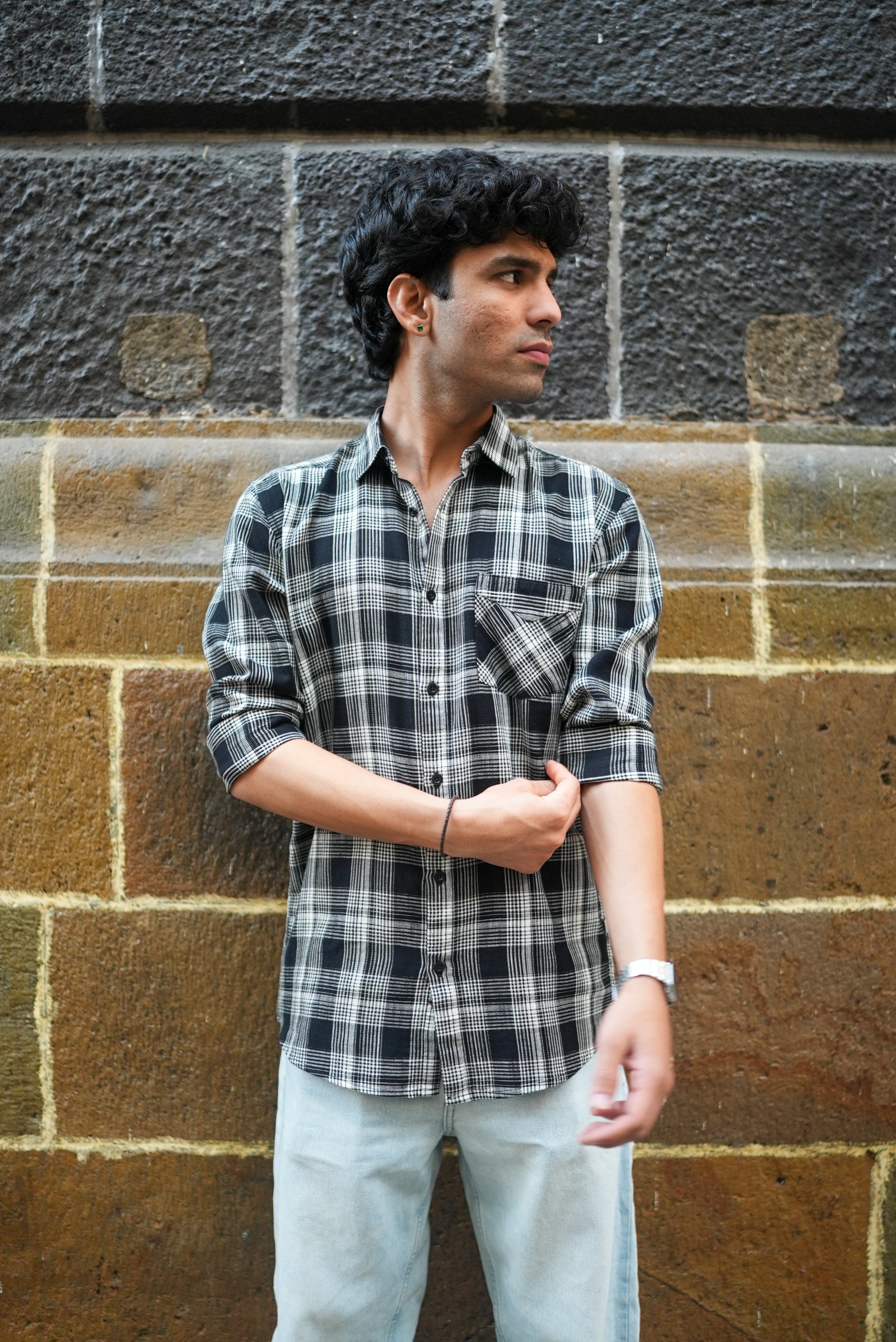 Black and White Plaid Cotton Regular Fit Shirt