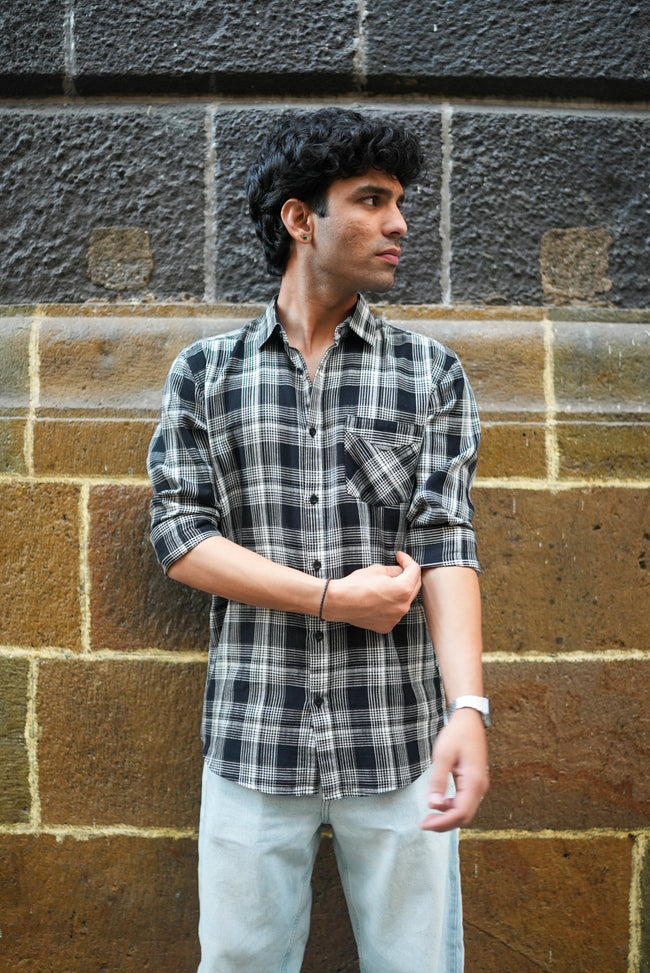 Black and White Plaid Cotton Regular Fit Shirt
