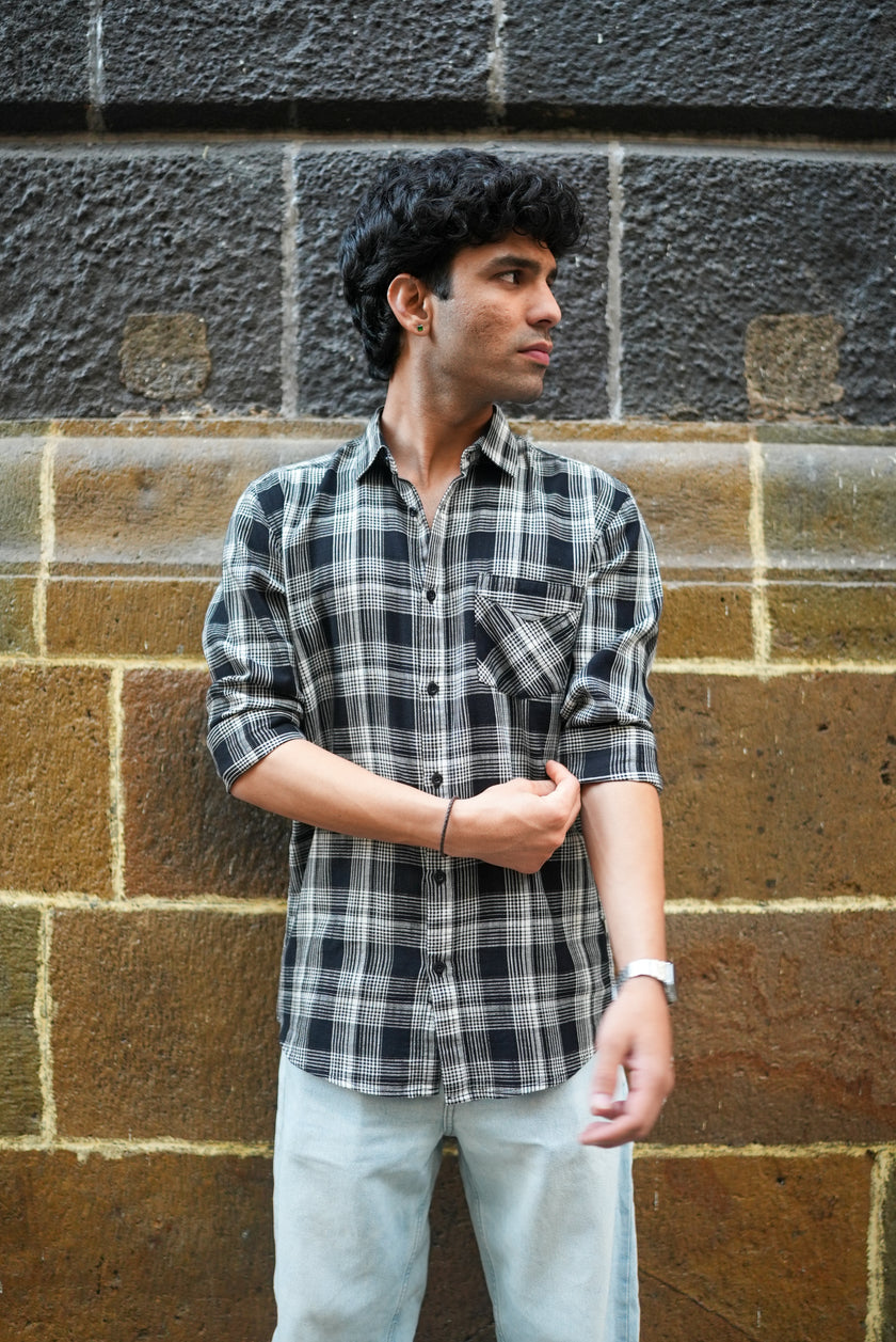 Black and White Plaid Cotton Regular Fit Shirt